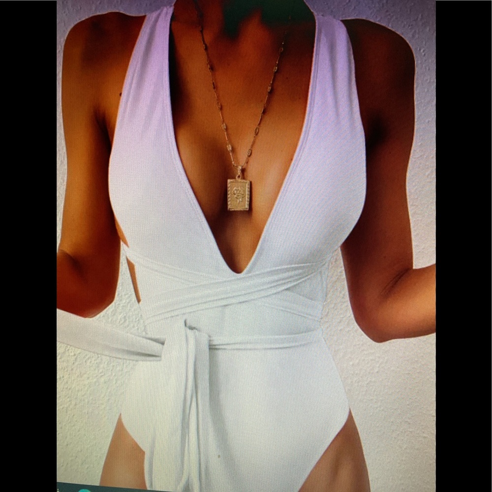 •Plunged Neck One Piece White Swimsuit